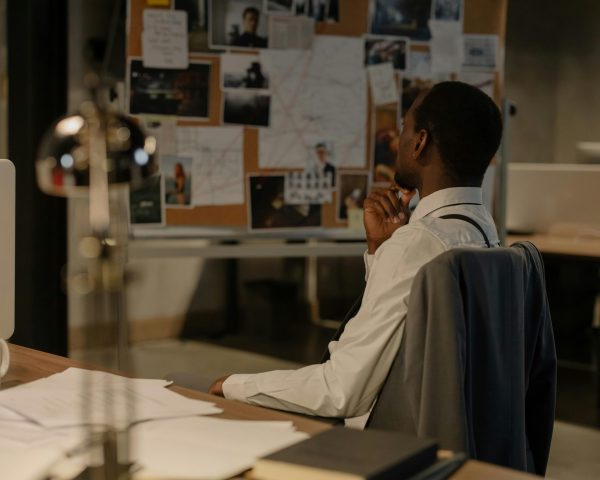 Detective in thought examining evidence board in a dimly lit office environment.